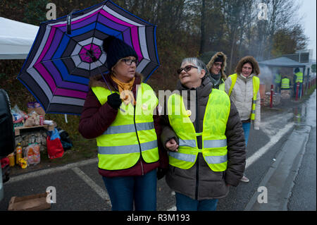 La Biolle, Auvergne-Rh ône-Alpes, Frankreich. 23. November 2018. Aktivisten der "Gilet Jaune 'nationalen Protestbewegung nehmen Sie teil an der "Operation Peage Wwe Smackdown Vs Raw" (freier Autobahn) an einer Ausfahrt der Autobahn A41 in der Nähe von La Biolle in der Auvergne-Rh ône-Alpes region in Frankreich. Die 'Gilet Jaune'-Kampagne gegen Unterdrückung in der Besteuerung, insbesondere motorisch Steuern auf Treibstoff etc. Credit: Graham M. Lawrence/Alamy leben Nachrichten Stockfoto