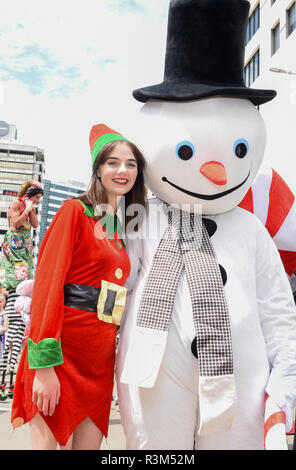 Wellington, Neuseeland. 24 Nov, 2018. Darsteller posieren für Fotos, die während der jährlichen Sehr Welly Christmas Parade am Lambton Quay in Wellington, Neuseeland, an November 24, 2018 statt. Quelle: Guo Lei/Xinhua/Alamy leben Nachrichten Stockfoto