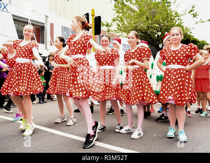 Wellington, Neuseeland. 24 Nov, 2018. Darsteller Tanz während der jährlichen Sehr Welly Christmas Parade statt am Lambton Quay in Wellington, Neuseeland, an November 24, 2018. Quelle: Guo Lei/Xinhua/Alamy leben Nachrichten Stockfoto