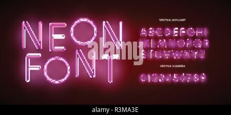 Satz von Neon Buchstaben und Zahlen. Typ für moderne Neon-Logo, Night Light Emblem, eine Bar und ein Kasino Schriftzug. Isolierte Vector Font. Alphabet auf dunklem Hintergrund Stock Vektor