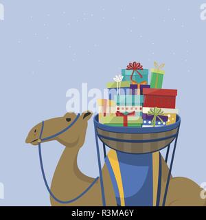 Happy epiphanie Tag. Kamel Transport Geschenke. Vector Illustration Stock Vektor