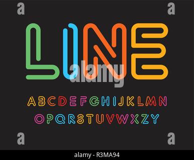Set aus bunten Buchstaben. Von Color Line Font. Kunst Alphabet. Einfache Labyrinth gesetzt. Vektortyp auf schwarzem Hintergrund. Stock Vektor
