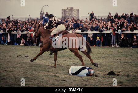 Grand National Rece Sitzung Aintree Liverpool England Großbritannien 1986 Pferde springen über Becher's Brook Zaun, wo viele Pferde fiel. Stockfoto