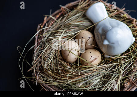 Ostern Karte mit Eier in einem Nest auf schwarzen Hintergrund mit Kopie Raum Stockfoto
