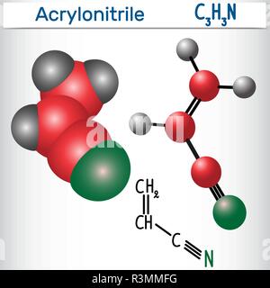 Acrylnitril Molekül - Strukturelle chemische Formel und Modell. In der Produktion Polyacrylnitril (PAN) und ABS-Kunststoff verwendet. Vector Illustration Stock Vektor