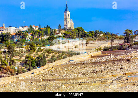 Ölberg jüdische Friedhöfe. Kirche der Himmelfahrt, Jerusalem, Israel. Lage des Gartens von Gethsemane und der Himmelfahrt Jesu. Stockfoto