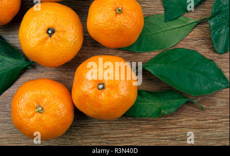Bündel frische Mandarinen oder Mandarinen auf einem Holztisch und Blätter der Ansicht von oben Stockfoto