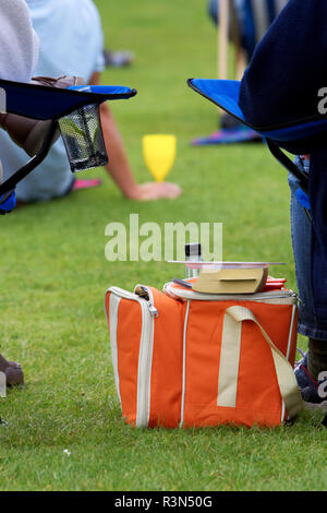 Thermische picnic cooler auf Gras während Outdoor Event am Abend in der Uk Stockfoto