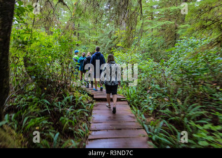 Wandern auf Cedar plank Boardwalk durch alte Wachstum Zedernwald auf Mearles Insel in der nähe von Tofino, British Columbia, Kanada (MR) Stockfoto