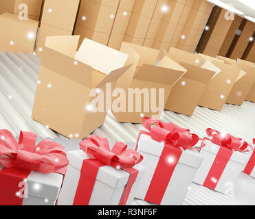 Reihe von Weihnachtsgeschenken und Lieferung Kästen auf Förderband 3D-Darstellung Stockfoto