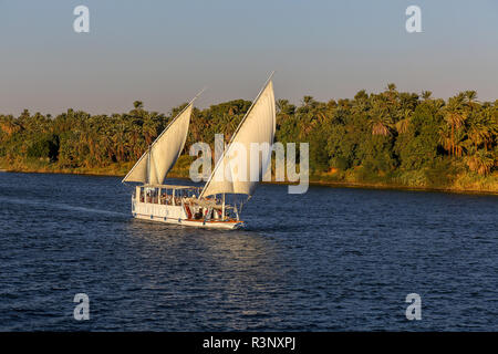 Die Menschen an Bord einen maßgeschneiderten Dahabiya Segelboot namens MS Donia Dahabiya, einer Bootsfahrt auf dem Nil, Ägypten, Afrika Stockfoto
