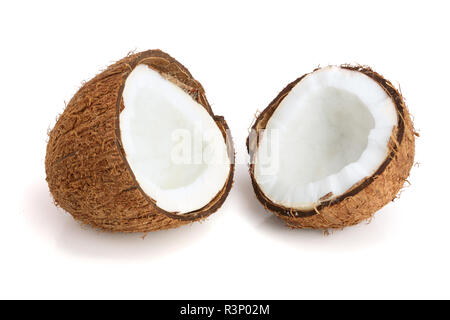 Zwei coconut Hälfte auf weißem Hintergrund Stockfoto