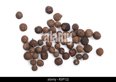 Allspices oder Jamaika Pfeffer auf weißem Hintergrund. Ansicht von oben Stockfoto