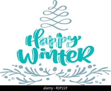 Happy Winter Weihnachten Kalligraphie schrift Text. Weihnachten skandinavische Grußkarte mit Hand gezeichnet Vektor-illustration gedeihen stilisierten Tanne und Verzweigungen. Isolierte Objekte Stock Vektor