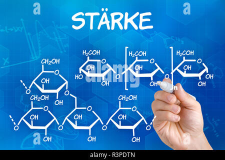 Hand mit Stift zeichnet chemische Strukturformel der Stärke Stockfoto