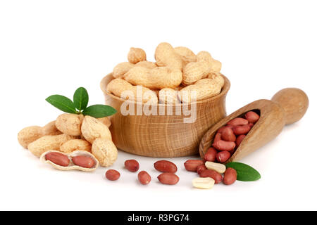 Erdnüsse mit Blatt in Houten auf weißem Hintergrund Stockfoto