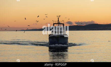 Ein Fischerboot zurück zum Hafen bei Sonnenuntergang in Spanien. Stockfoto