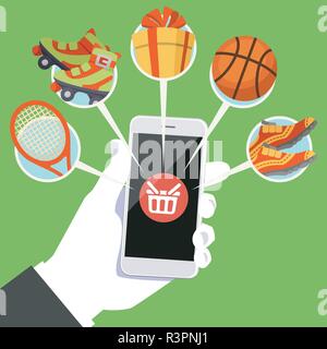 Die menschliche Hand hält smart phone mit Shop Warenkorb Symbol auf dem Bildschirm. Vector Illustration von Online-shopping-Konzept. Online kaufen mit Handy mit Stock Vektor