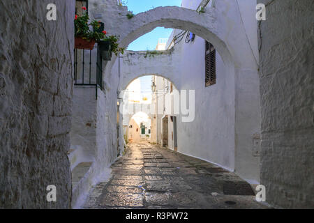 Italien, Ostuni. Schmalen, gewölbten Altstadt. Mit Kopfstein gepflasterten Straßen. Türen. Die "weiße Stadt. ' Stockfoto