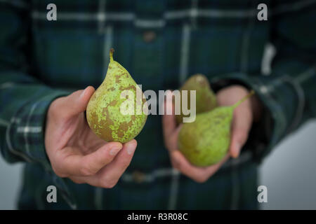 Des Menschen Hand mit Birne, close-up Stockfoto