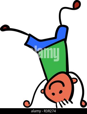 Ein Junge in Shorts und T-Shirt steht auf dem Kopf. Stil der Zeichnung der Kinder. Vector Illustration. Isoliert weißer Hintergrund. Stock Vektor