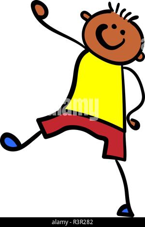 Ein Junge in Shorts und ein T-Shirt kommt. Stil der Zeichnung der Kinder. Vector Illustration. Isoliert weißer Hintergrund. Stock Vektor