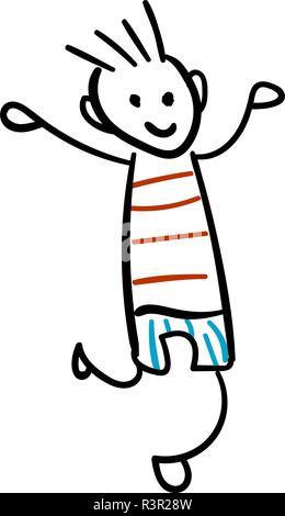 Junge in Shorts und ein T-Shirt springen. Stil der Zeichnung der Kinder. Vector Illustration. Maßbild auf einem weißen Hintergrund. Stock Vektor