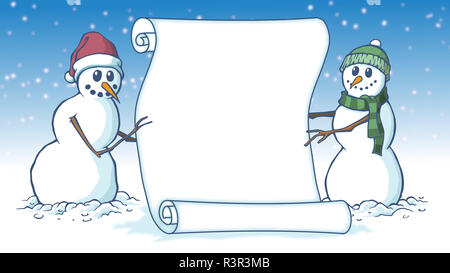 Frohe Weihnachten leer Karte blättern Pergament durch zwei schneemänner statt Stockfoto