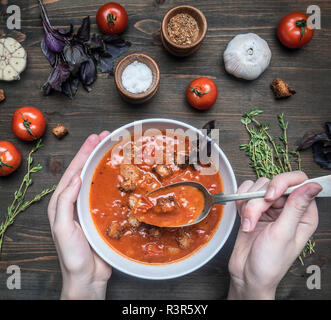 Frisch zubereitete Tomatensuppe mit Basilikum, Knoblauch und Zwiebel, Thymian und Gewürze, in eine weiße Platte, das Mädchen geschaufelt, einen Löffel, auf einem rustikalen Holzmöbeln bac Stockfoto