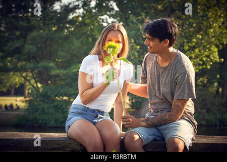 Romantische junge Paare sitzen auf der Wand in einem Park, Frau riechen Sonnenblume Stockfoto
