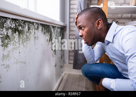 Seitenansicht eines Schockiert jungen afrikanischen Mann auf der Suche nach Schimmel an der Wand Stockfoto