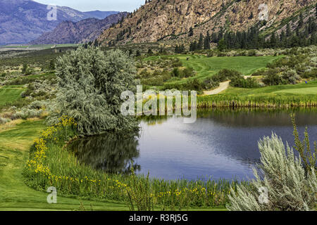 Ein Golfplatz im Okanagan Valley in der Nähe von British Columbia Kanada Osoyoos mit Osoyoos See und die Berge im Hintergrund Stockfoto