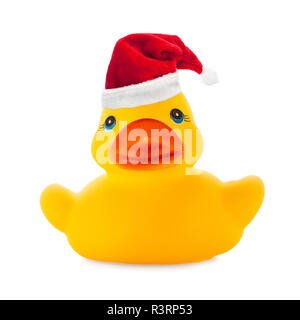 Gummi gelbe Ente mit Santa Clause hat wie Weihnachten Dekoration auf weißem Hintergrund. Stockfoto