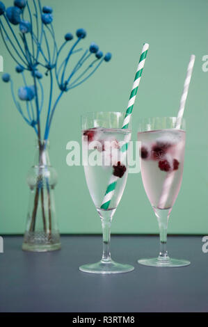 Eiswürfel mit Brombeeren in Champagner Gläser, getrocknete Blumen in Vase Stockfoto