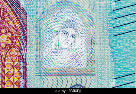 Nahaufnahme der Göttin Europa auf das Hologramm eine neue 20 euro Banknote. Stockfoto