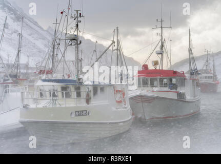 Hafen im winter storm mit Fischerbooten. Dorf Ramberg auf der Insel Flakstadoya. Die Lofoten in Nordnorwegen im Winter. Stockfoto