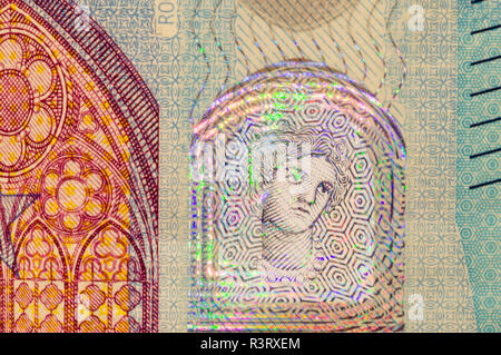 Nahaufnahme der Göttin Europa auf das Hologramm eine neue 20 euro Banknote. Stockfoto