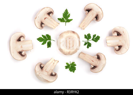 Pilze mit Petersilie Blatt auf weißem Hintergrund. top View Stockfoto