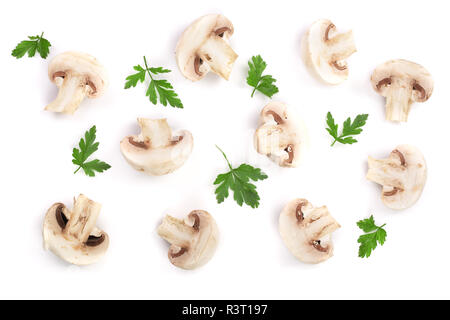 Pilze mit Petersilie Blatt auf weißem Hintergrund. nach oben anzeigen. Flach Stockfoto