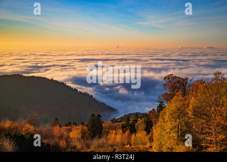 Meer von Nebel mit tief hängenden Wolken in der Oberrheinischen Tiefebene aus dem Königstuhl Aussichtspunkt, Heidelberg, Baden-Württemberg, Deutschland Stockfoto