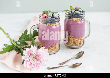 Zwei Gläser Joghurt mit Erdnuss Müsli, aronia Pulver und Nachfüllen von gehackten Haselnüssen und Gefrorene Beeren Stockfoto