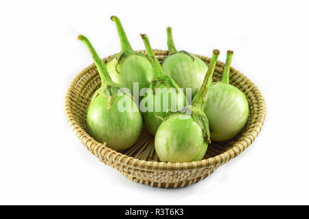 Grün Aubergine auf weißem Hintergrund/Thai grün Aubergine im Korb Ernte Gemüsegarten isoliert Stockfoto