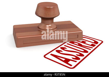 Holz Stempel mit rotem Text versichert Stockfoto