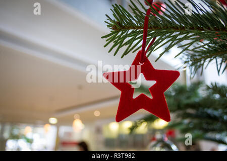 Ein roter Filz Sterne am Weihnachtsbaum, Nahaufnahme Stockfoto