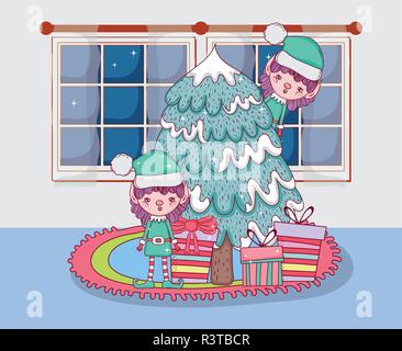 Cute Santa Helfer mit Pine Tree im Haus Vector Illustration Design Stock Vektor