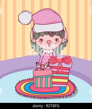 Cute Santa Helfer mit Geschenken im Haus Vector Illustration Design Stock Vektor