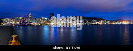 Neuseeland, Nordinsel, Wellington, Hafen, Panoramaaussicht am Abend Stockfoto