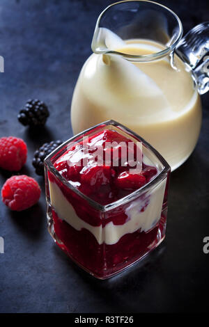 Rot Kompott mit Vanille Sauce in einem Glas Stockfoto