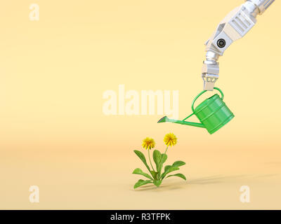 3D-Rendering, Roboter Greifer Blumen gießen Stockfoto