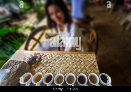 Eine Reihe von Kaffeetassen auf einem Tisch mit einem Mädchen in einem Stuhl aus. Diese sind Kaffee Verkostung Cups. Stockfoto